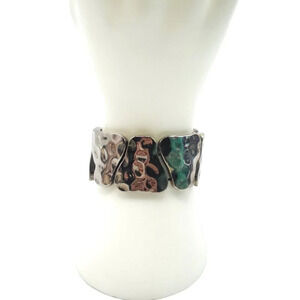 Hammered Geometric Shaped Wide Bangle Bracelet Silver Tone Vintage